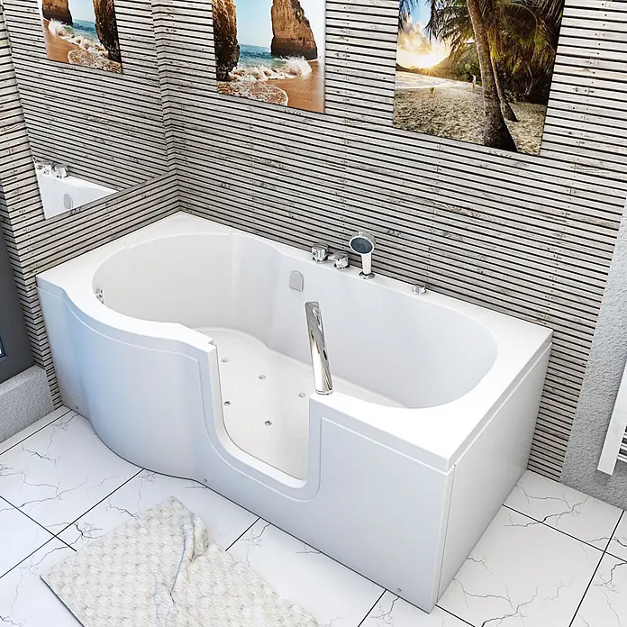 AcquaVapore Badewanne Fertigdusche S12-EH-AIR-R - Acryl, Weiß - Weiße begehbare Badewanne mit integrierten Düsen, Duschkopf und Haltegriff, für einfachen Zugang im modernen Bad.