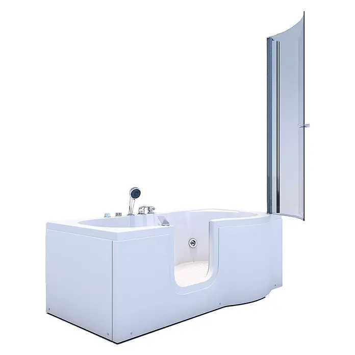 AcquaVapore Badewanne Fertigdusche S12D-EH-WP-L - Acryl, Weiß - Weiße Walk-in-Badewanne mit integrierter Dusche und klarer gebogener Duschwand.