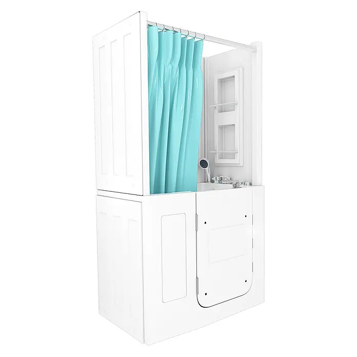 AcquaVapore Badewanne Fertigdusche S08D-WP-C-L - 110 x 68 cm, Acryl, Weiß - Weiße begehbare Badewanne mit Dusche und hellblauem Vorhang, barrierefrei konzipiert.