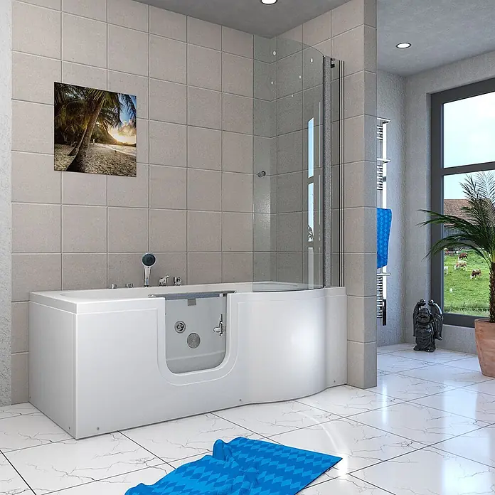 AcquaVapore Badewanne Fertigdusche S12D-EH-WP-L - Acryl, Weiß - Weiße barrierefreie Badewanne mit integrierter Glasduschwand in einem gefliesten Badezimmer.