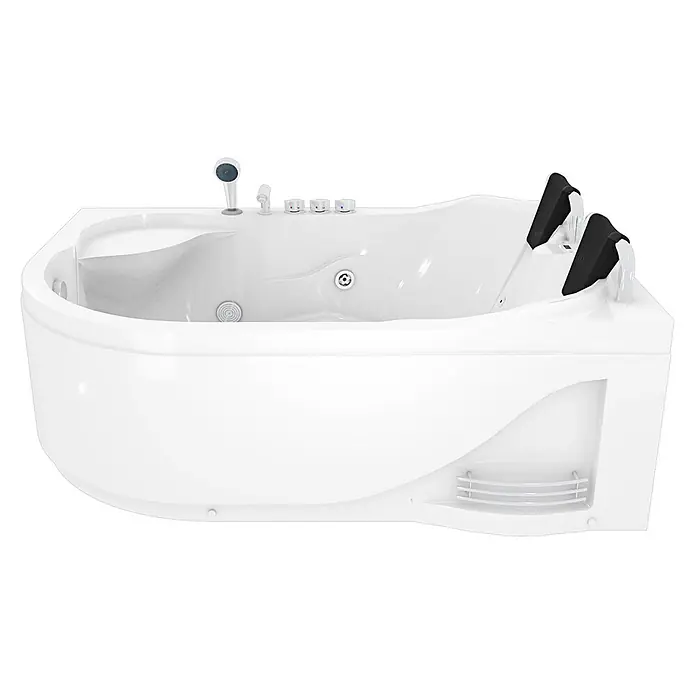 AcquaVapore Badewanne Fertigdusche W23H-L - Acryl, Weiß - Weiße Acryl-Whirlpool-Badewanne mit schwarzen Kopfstützen, Chromarmaturen und integrierten Düsen und Bedienelementen.