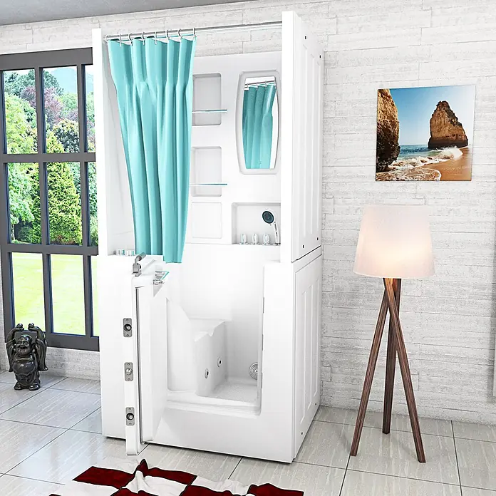 AcquaVapore Badewanne Fertigdusche S02D-WP-TH-B-L - 100 x 78 cm, Acryl, Weiß - Weiße begehbare Duschkabine mit leicht zugänglicher Tür, integriertem Sitz, Ablagen und einem türkisen Vorhang für komfortables Duschen.