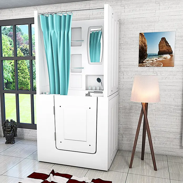 AcquaVapore Badewanne Fertigdusche S02D-WP-TH-B-L - 100 x 78 cm, Acryl, Weiß - Weiße begehbare Duschkabine mit türkisfarbenem Vorhang, in einer Raumumgebung.