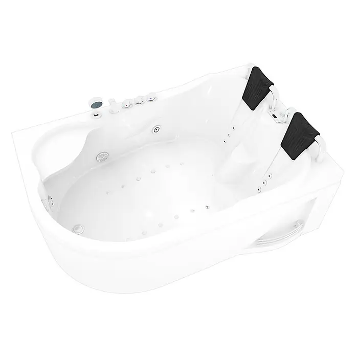 AcquaVapore Badewanne Fertigdusche W23H-L - Acryl, Weiß - Weißer Zweipersonen-Whirlpool mit schwarzen Kopfstützen, integrierten Bedienelementen und Hydromassagedüsen.