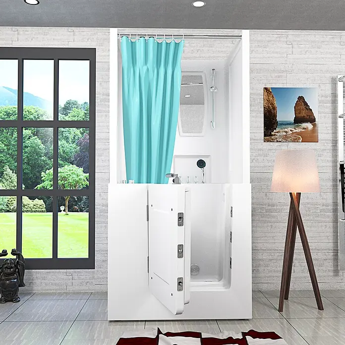 AcquaVapore Badewanne Fertigdusche S02D-WP-TH-B-L - 100 x 78 cm, Acryl, Weiß - Weiße barrierefreie Badewanne mit offener Tür und türkisfarbenem Duschvorhang, für einfachen Zugang im modernen Bad.