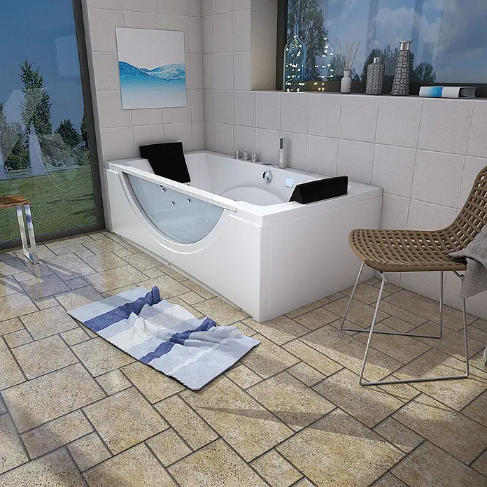 AcquaVapore Badewanne Fertigdusche W81R-A - Acryl, Weiß - Weiße, moderne Badewanne mit Glaspaneel und schwarzen Kopfstützen in einem gefliesten Bad. Mit Hydromassagedüsen zur Entspannung.