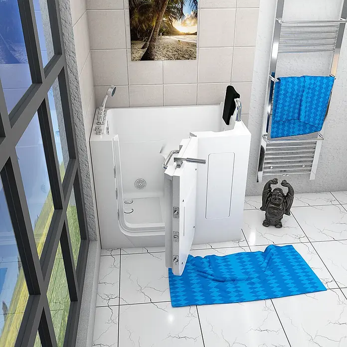 AcquaVapore Badewanne Fertigdusche S08WP-TH-A-R - 68 x 110 cm, Acryl, Weiß - Weiße barrierefreie Badewanne mit offener Tür und Duschkopf, für einfachen Zugang im modernen Bad.