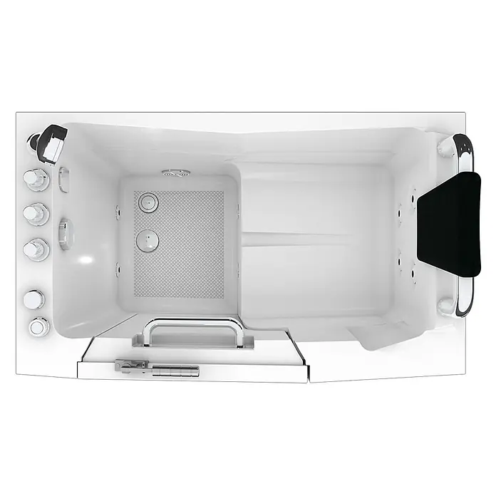 AcquaVapore Badewanne Fertigdusche S08WP-TH-A-R - 68 x 110 cm, Acryl, Weiß - Weiße barrierefreie Badewanne mit Chromarmaturen, schwarzer Kopfstütze, rutschfestem Boden und Haltegriffen, von oben.