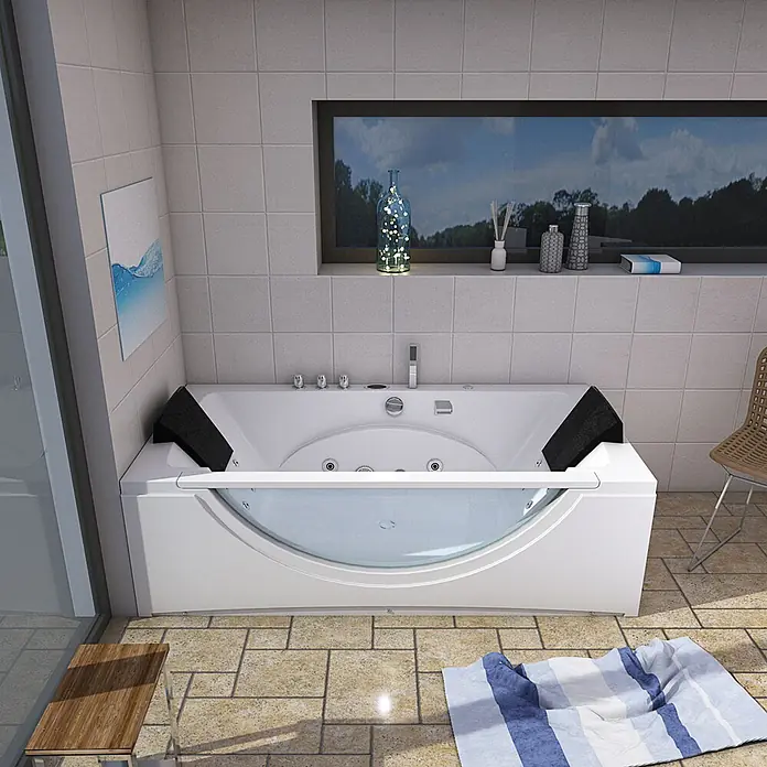 AcquaVapore Badewanne Fertigdusche W81R-A - Acryl, Weiß - Weiße Eck-Jacuzzi-Badewanne mit schwarzen Kopfstützen und gebogener Glasfront in einem modernen Badezimmer.