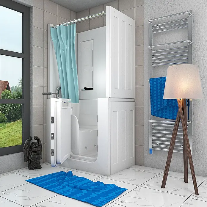 AcquaVapore Badewanne Fertigdusche S08D-WP-TH-A-L - 68 x 110 cm, Acryl, Weiß - Weiße barrierefreie Badewanne mit integrierter Dusche und blauem Vorhang im modernen Badezimmer.