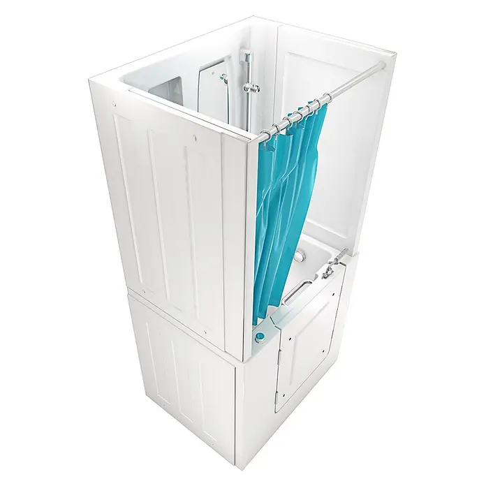 AcquaVapore Badewanne Fertigdusche S02D-WP-C-L - 100 x 78 cm, Acryl, Weiß - Weiße begehbare Badewanne mit integrierter Dusche und blaugrünem Duschvorhang.