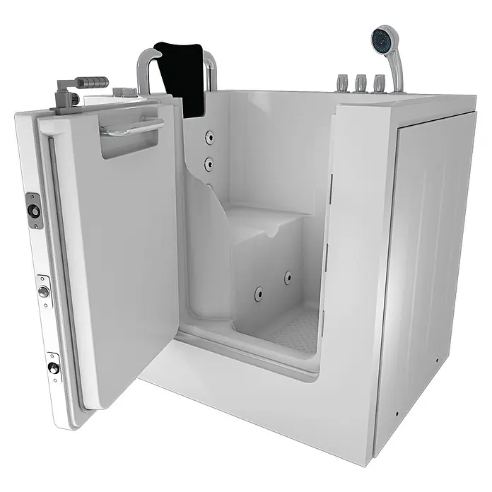 AcquaVapore Badewanne Fertigdusche S02WP-TH-B-L - 78 x 100 cm, Acryl, Weiß - Weiße barrierefreie Badewanne mit offener Tür, integriertem Sitz, Düsen und Handbrause.