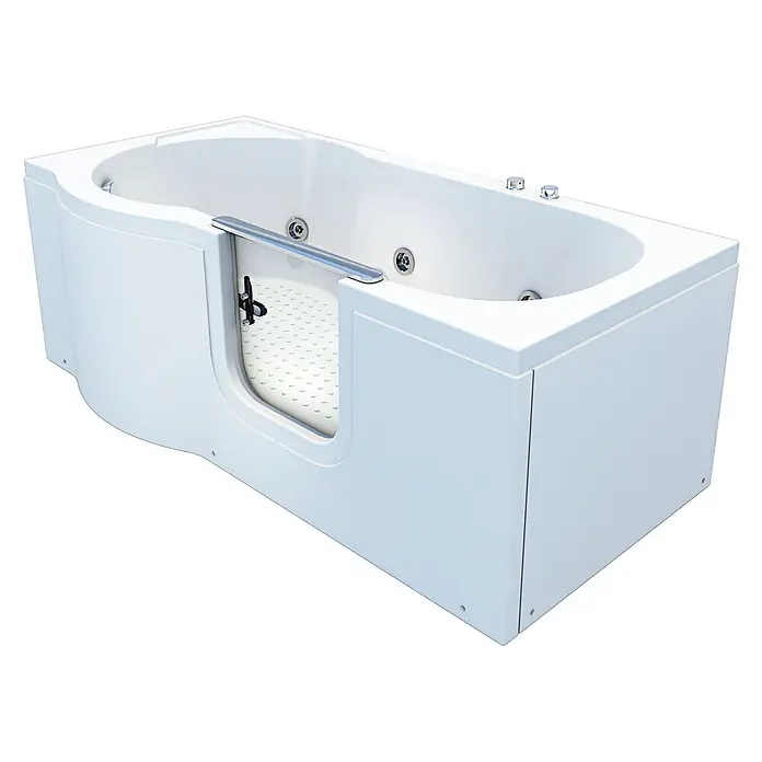 AcquaVapore Badewanne Fertigdusche S12-WP-R - 85 x 170 cm, Acryl, Weiß - Weiße Badewanne mit Einstiegstür, innerem Haltegriff, strukturierter Bodenfläche und Hydrotherapie-Düsen.