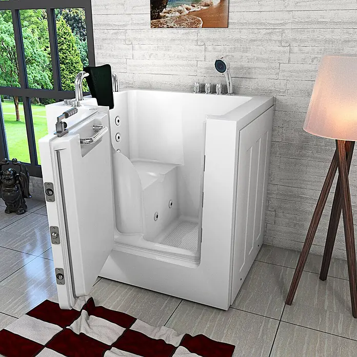 AcquaVapore Badewanne Fertigdusche S02WP-TH-B-L - 78 x 100 cm, Acryl, Weiß - Weiße begehbare Badewanne mit zugänglicher Tür und Sitz, in einem modernen Badezimmer.