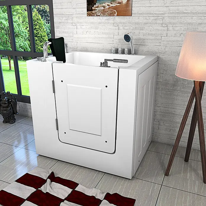 AcquaVapore Badewanne Fertigdusche S02WP-TH-B-L - 78 x 100 cm, Acryl, Weiß - Weiße barrierefreie Badewanne mit Tür und Chromarmaturen in einem Badezimmer.