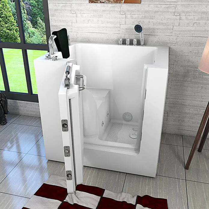 AcquaVapore Badewanne Fertigdusche S02WP-TH-B-L - 78 x 100 cm, Acryl, Weiß - Weiße begehbare Badewanne mit Chromarmaturen und offener Tür in einem modernen Badezimmer.