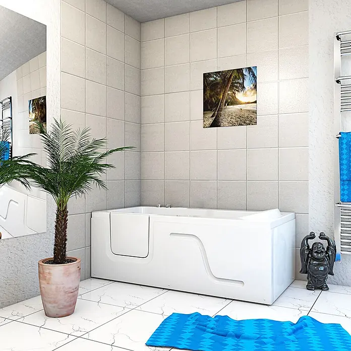 AcquaVapore Badewanne Fertigdusche S17-WP-R - 75 x 150 cm, Acryl, Weiß - Weiße barrierefreie Badewanne mit integrierter Tür für einfachen Zugang in einem modernen Badezimmer.