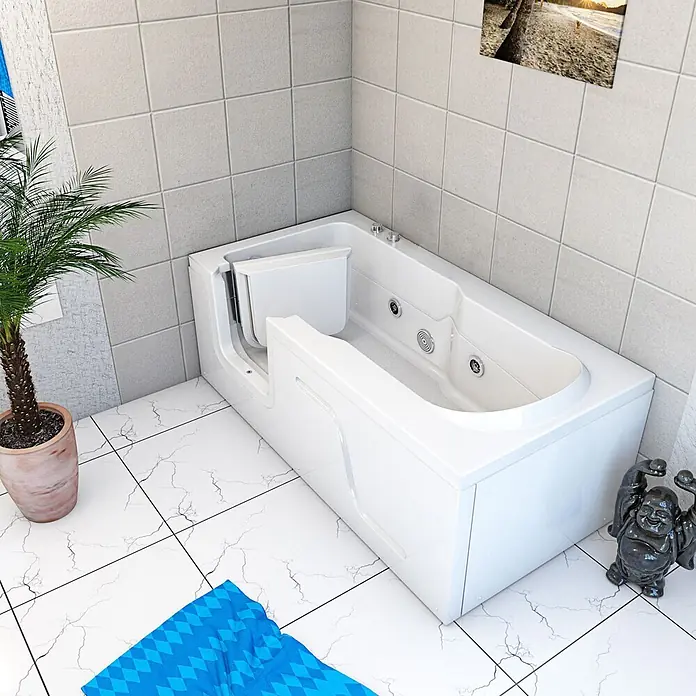 AcquaVapore Badewanne Fertigdusche S17-WP-R - 75 x 150 cm, Acryl, Weiß - Weiße barrierefreie Badewanne mit Seitentür und Massagedüsen, in einem gefliesten Badezimmer.