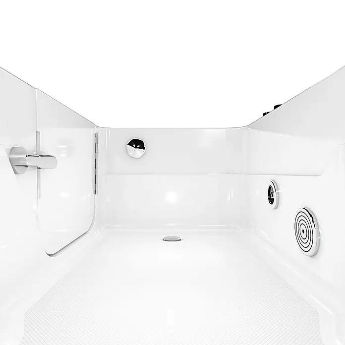 AcquaVapore Badewanne Fertigdusche S17-WP-R - 75 x 150 cm, Acryl, Weiß - Innenansicht einer weißen begehbaren Badewanne mit Seitentür, Chromgriff, Abfluss und Düsen, mit rutschfestem Boden.