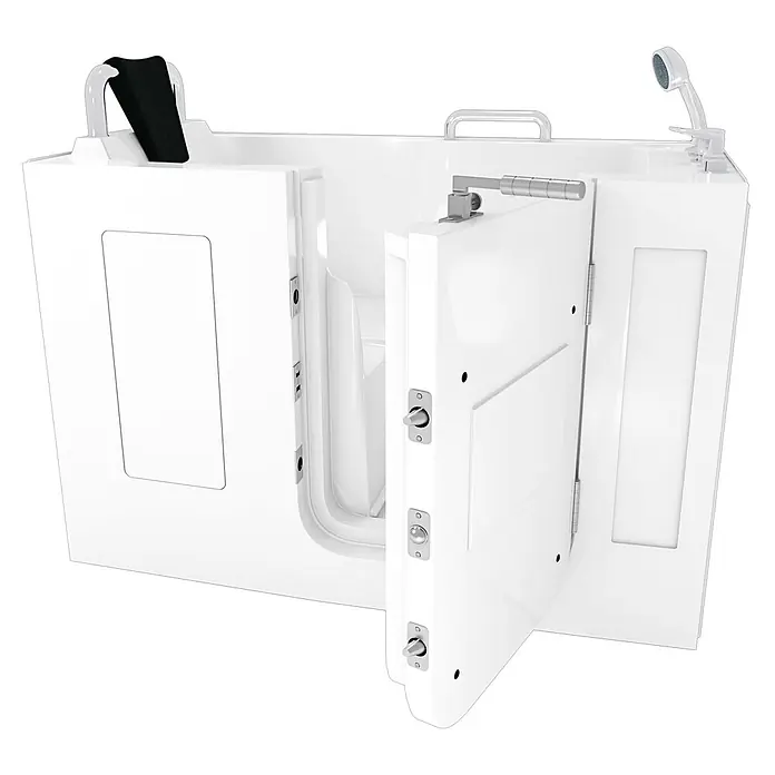 AcquaVapore Badewanne Fertigdusche S07WP-C-R - 140 x 76 cm, Acryl, Weiß - Weiße begehbare Badewanne mit geöffneter Tür, Haltegriffen, schwarzer Kopfstütze und Handbrause.
