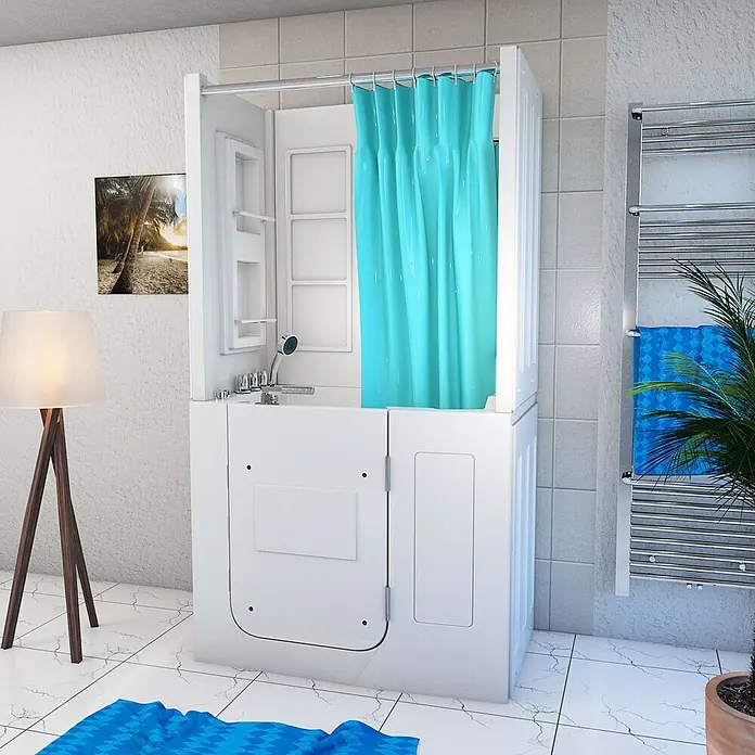 AcquaVapore Badewanne Fertigdusche S08D-WP-TH-B-R - 110 x 68 cm, Acryl, Weiß - Weiße barrierefreie Badewanne-Dusch-Kombination mit blauem Vorhang in einem modernen Bad, für einfachen Zugang.