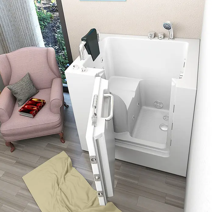 AcquaVapore Badewanne Fertigdusche S02WP-C-L - 100 x 78 cm, Acryl, Weiß - Weiße Roll-in-Badewanne mit offener Tür, integriertem Sitz und Handbrause in modernem Badezimmer für Barrierefreiheit.