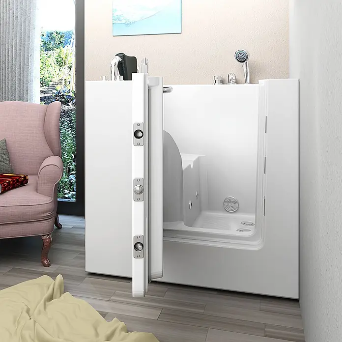 AcquaVapore Badewanne Fertigdusche S02WP-C-L - 100 x 78 cm, Acryl, Weiß - Weiße Badewanne mit Einstiegstür offen, zeigt integrierten Sitz und Armaturen für barrierefreies Baden.