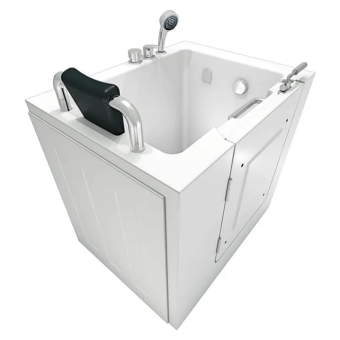 AcquaVapore Badewanne Fertigdusche S02WP-C-L - 100 x 78 cm, Acryl, Weiß - Weiße Badewanne mit Einstiegstür, Chromarmaturen, integrierten Haltegriffen und schwarzer Kopfstütze.