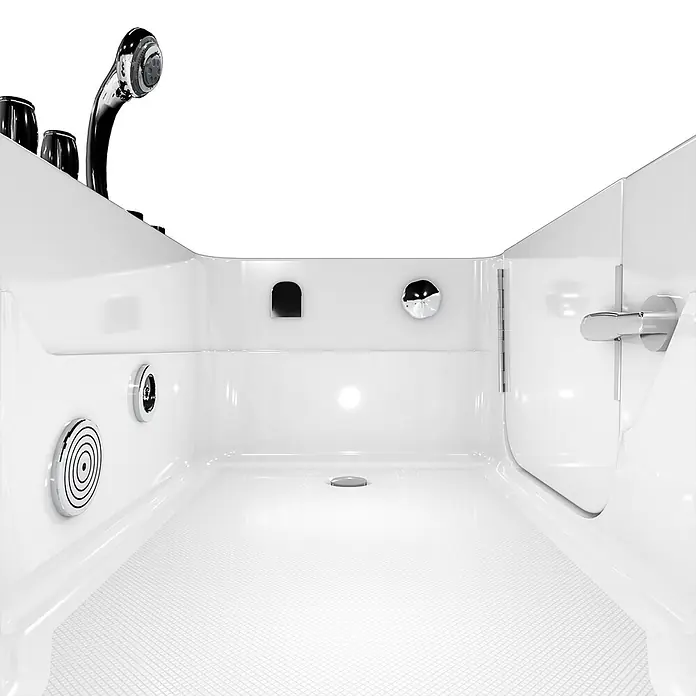 AcquaVapore Badewanne Fertigdusche S17-TH-WP-L - 150 x 75 cm, Acryl, Weiß - Weißes Walk-in-Badewanneninterieur mit Chrom-Handbrause, Düsen, strukturiertem Boden und Seitentür.
