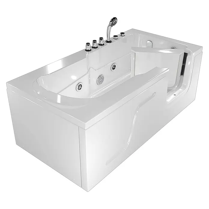 AcquaVapore Badewanne Fertigdusche S17-TH-WP-L - 150 x 75 cm, Acryl, Weiß - Weiße Badewanne mit Einstiegstür, Chromarmaturen, Massagedüsen und Handbrause für barrierefreies Baden.