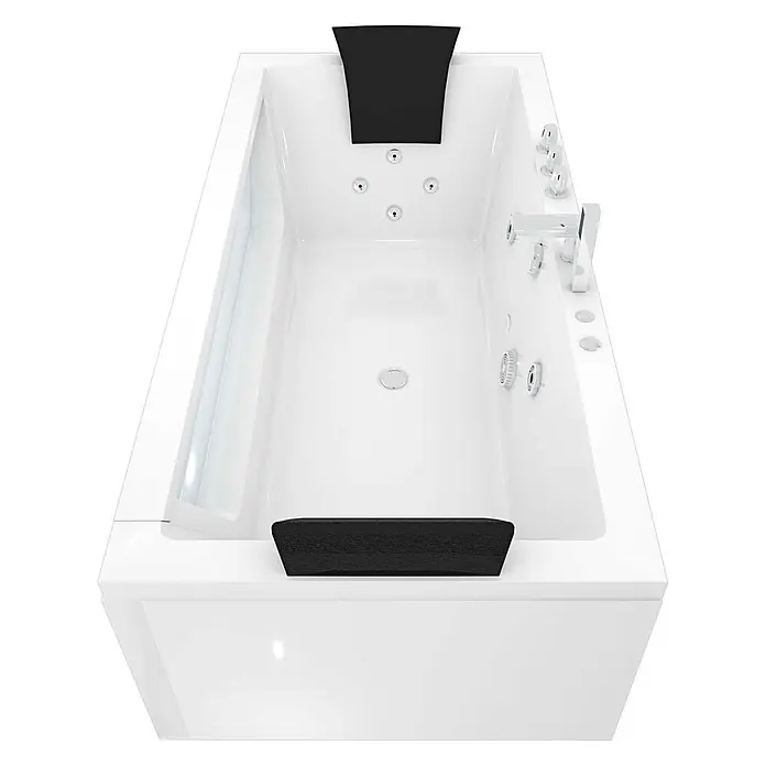 AcquaVapore Badewanne Fertigdusche W83-TH-A-SC - Acryl, Weiß - Weiße Whirlpool-Badewanne mit schwarzen Kopfstützen, integrierten Armaturen und Massagedüsen. Mit klarer Seitenplatte.