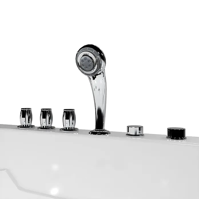 AcquaVapore Badewanne Fertigdusche S17-TH-WP-L - 150 x 75 cm, Acryl, Weiß - Verchromte Handbrause mit schwarzen und verchromten Bedienknöpfen auf einer weißen Badewannenoberfläche.