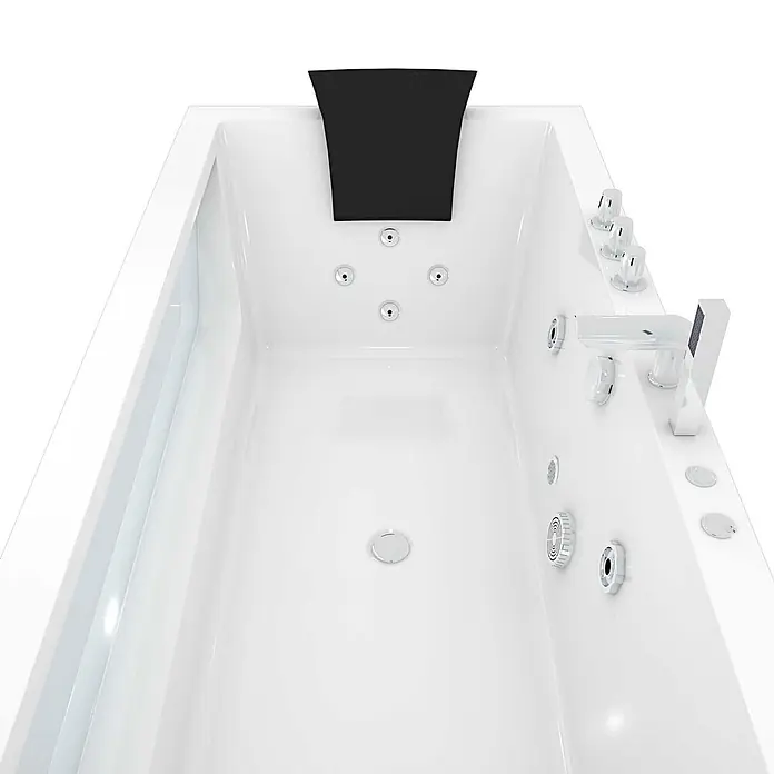 AcquaVapore Badewanne Fertigdusche W83-TH-A-SC - Acryl, Weiß - Weiße Whirlpool-Badewanne mit Chromarmaturen, Handbrause und schwarzer Kopfstütze.