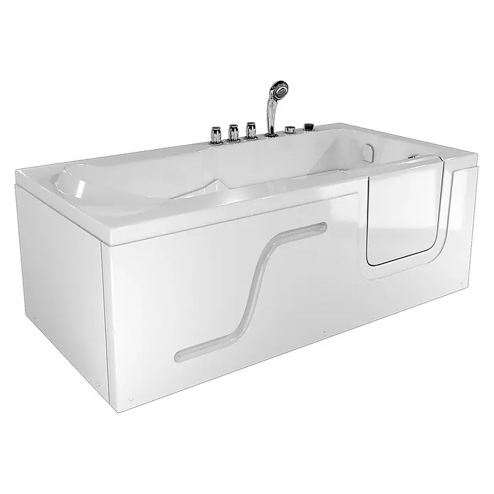 AcquaVapore Badewanne Fertigdusche S17-TH-WP-L - 150 x 75 cm, Acryl, Weiß - Weiße barrierefreie Badewanne mit Einstiegstür, Armaturen, Handbrause, Haltegriff und integriertem Sitz.