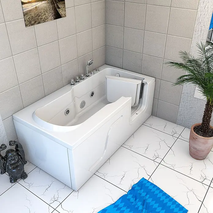 AcquaVapore Badewanne Fertigdusche S17-TH-WP-L - 150 x 75 cm, Acryl, Weiß - Weiße begehbare Badewanne mit integriertem Sitz und Bedienfeld für barrierefreies Baden im Badezimmer.