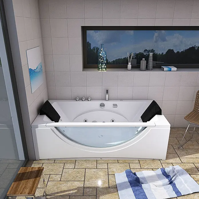 AcquaVapore Badewanne Fertigdusche W81-TH-A - Acryl, Weiß - Weiße Whirlpool-Badewanne mit klarer Frontplatte und schwarzen Kopfstützen in einem modernen Badezimmer.