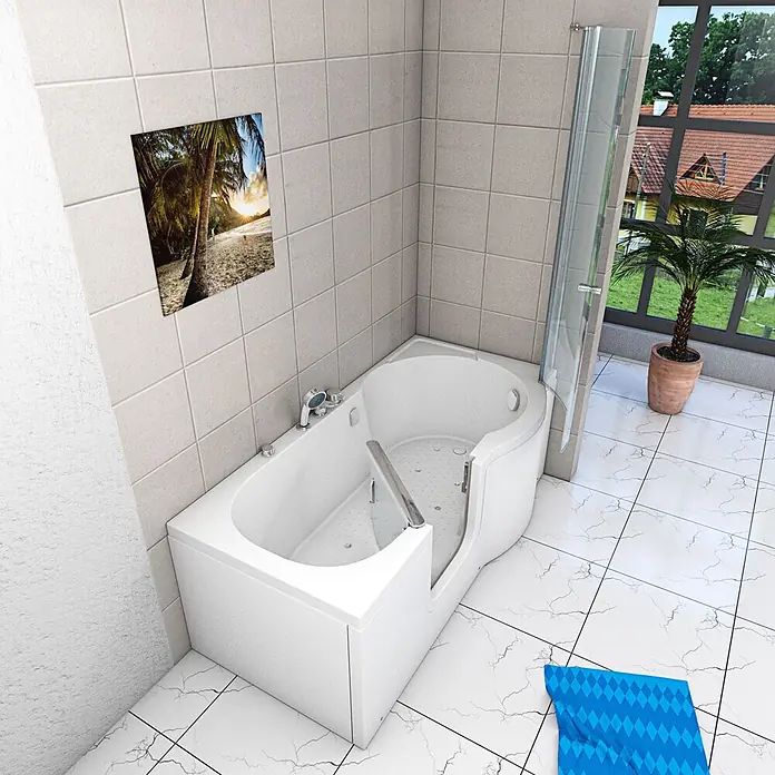 AcquaVapore Badewanne Fertigdusche S12D-EH-AIR-L-EC - Acryl, Weiß - Weiße, barrierefreie Eck-Einstiegswanne mit integrierter Dusche und Glasabtrennung in einem gefliesten Badezimmer.