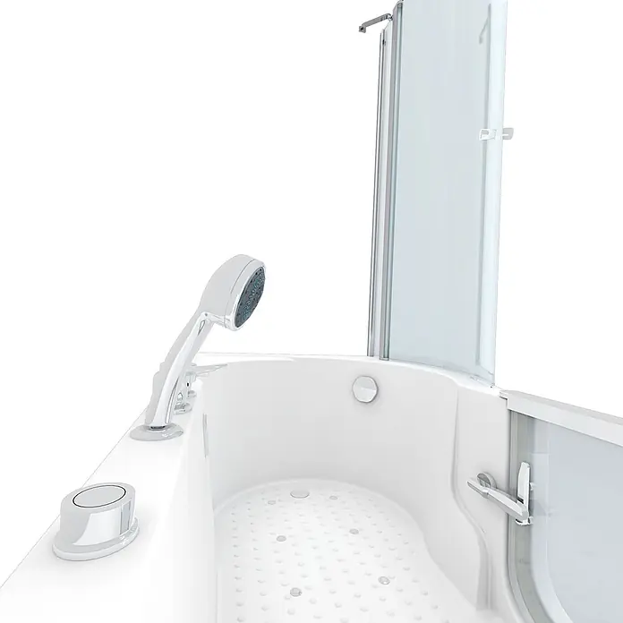 AcquaVapore Badewanne Fertigdusche S12D-EH-AIR-L-EC - Acryl, Weiß - Weiße Badewanne mit Chrom-Duschkopf, Armaturen und klarer Duschwand aus Glas.