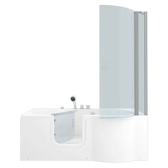 AcquaVapore Badewanne Fertigdusche S12D-EH-AIR-L-EC - Acryl, Weiß - Weiße begehbare Badewanne mit niedriger Einstiegstür und integrierter Duschwand aus Klarglas für barrierefreies Baden und Duschen.