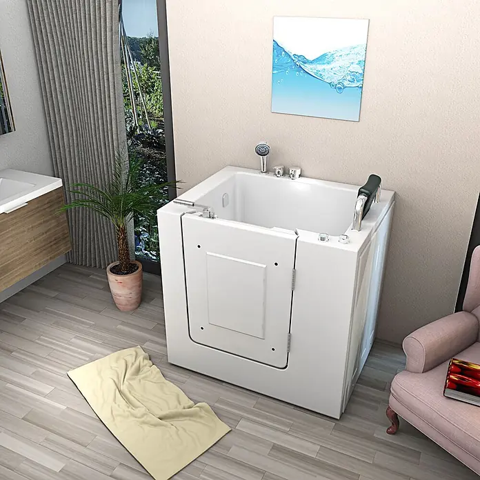 AcquaVapore Badewanne Fertigdusche S02WP-B-R - 100 x 78 cm, Acryl, Weiß - Weiße barrierefreie Badewanne mit seitlicher Einstiegstür und Chromarmaturen, in einem modernen Badezimmer.