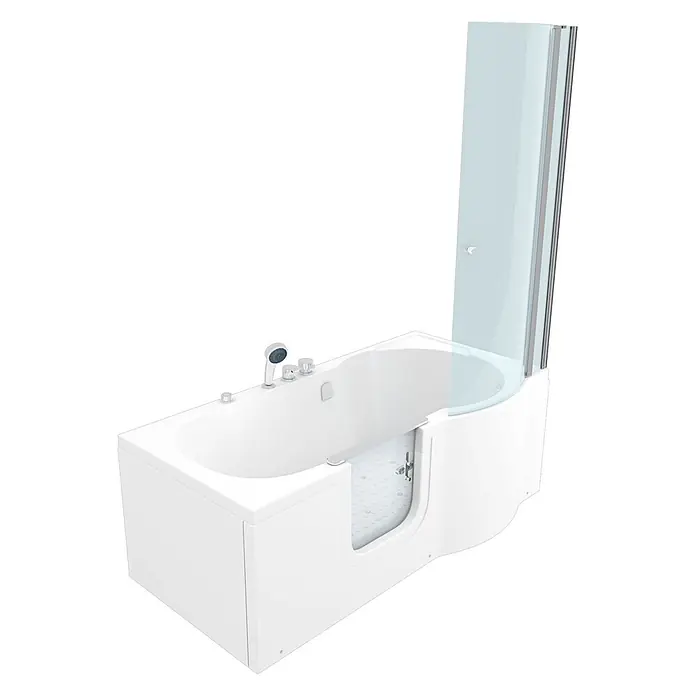 AcquaVapore Badewanne Fertigdusche S12D-EH-AIR-L-EC - Acryl, Weiß - Weiße barrierefreie Badewanne mit Einstiegstür und Duschwand.