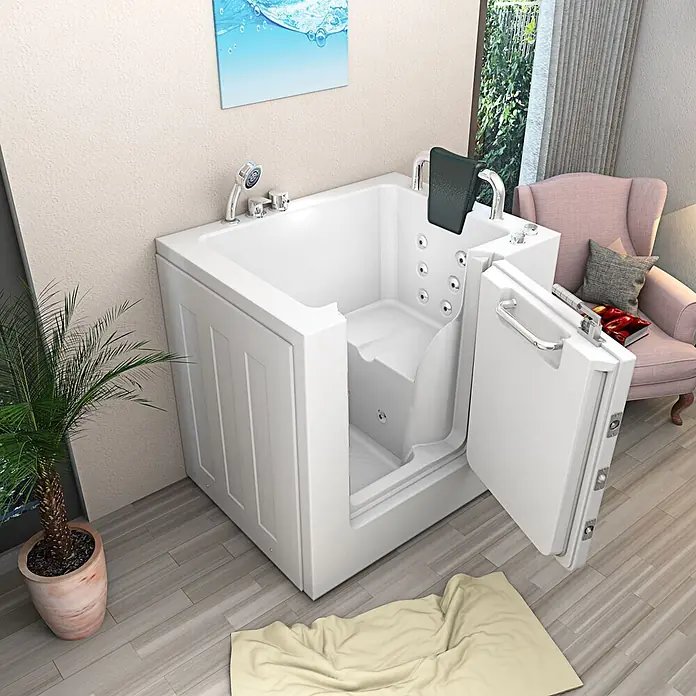 AcquaVapore Badewanne Fertigdusche S02WP-B-R - 100 x 78 cm, Acryl, Weiß - Weiß zugängliche Walk-in-Badewanne mit offener Tür, integriertem Sitz, Chromarmaturen und dunkler Kopfstütze.