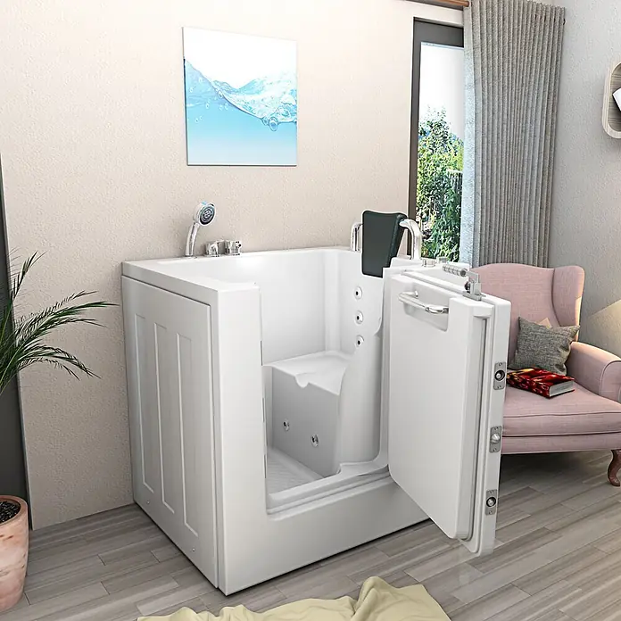 AcquaVapore Badewanne Fertigdusche S02WP-B-R - 100 x 78 cm, Acryl, Weiß - Weiße begehbare Badewanne mit offener Tür, integriertem Sitz und Hydrotherapie-Düsen. Mit Handbrause für barrierefreies Baden.
