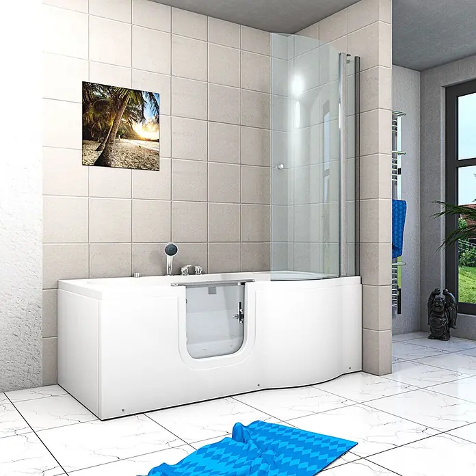 AcquaVapore Badewanne Fertigdusche S12D-EH-AIR-L-EC - Acryl, Weiß - Weiße begehbare Badewanne mit Duschabtrennung aus Glas, für barrierefreies Baden und Duschen.