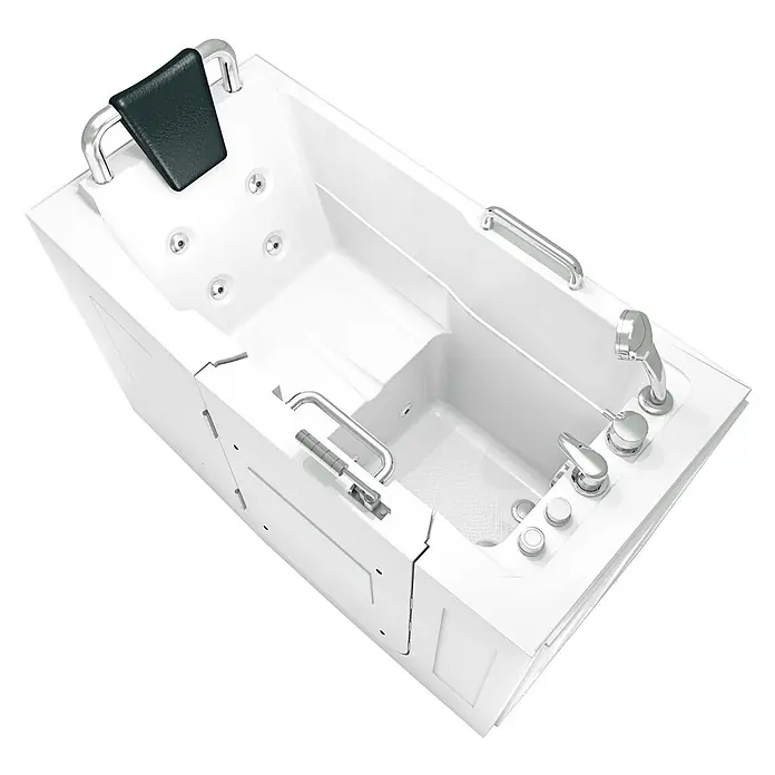 AcquaVapore Badewanne Fertigdusche S07WP-A-L - 140 x 76 cm, Acryl, Weiß - Weiße barrierefreie Badewanne mit Chromgriffen, dunkler Kopfstütze, Hydrotherapie-Düsen und integrierter Dusche.