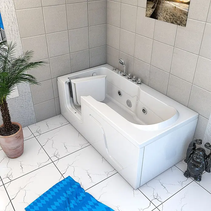 AcquaVapore Badewanne Fertigdusche S17-TH-WP-R - 75 x 150 cm, Acryl, Weiß - Weiße Badewanne mit Einstiegstür in einem gefliesten Badezimmer.