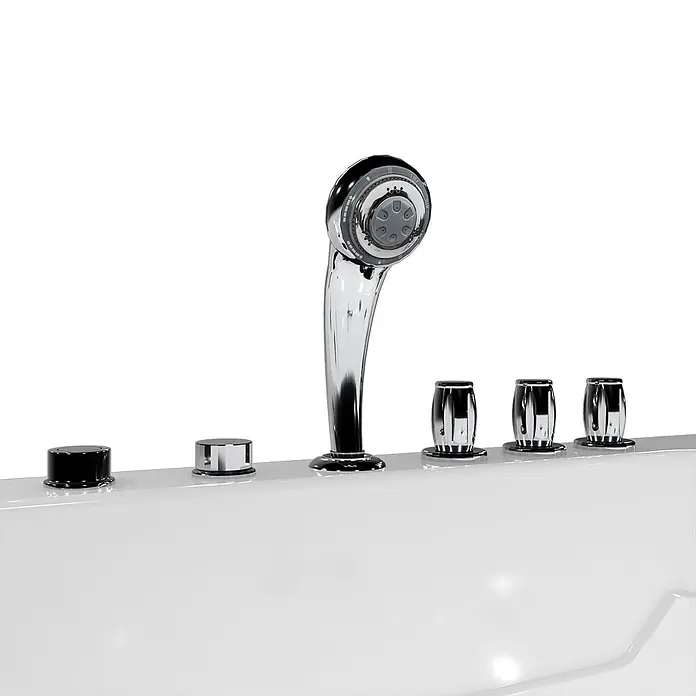 AcquaVapore Badewanne Fertigdusche S17-TH-WP-R - 75 x 150 cm, Acryl, Weiß - Chrom-Handbrause und Bedienknöpfe auf einem weißen Badewannenrand.