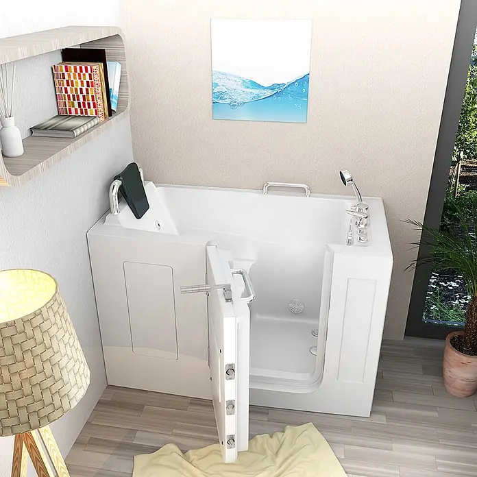 AcquaVapore Badewanne Fertigdusche S07WP-A-L - 140 x 76 cm, Acryl, Weiß - Weiße barrierefreie Badewanne mit offener Tür, Sitz, Haltegriffen und Duschkopf.