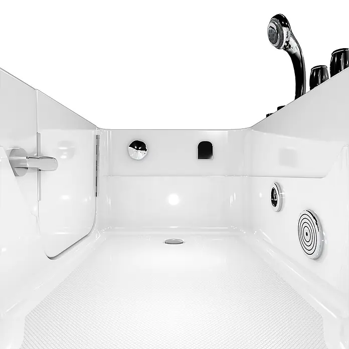 AcquaVapore Badewanne Fertigdusche S17-TH-WP-R - 75 x 150 cm, Acryl, Weiß - Innenansicht einer weißen begehbaren Badewanne mit niedriger Einstiegstür, rutschfestem Boden und Chromarmaturen, inklusive Handbrause und Massagedüsen.