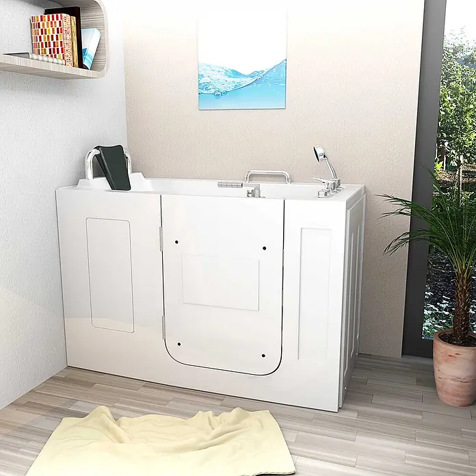 AcquaVapore Badewanne Fertigdusche S07WP-A-L - 140 x 76 cm, Acryl, Weiß - Weiße Einstiegswanne mit leicht zugänglicher Tür und Haltegriffen, in einem modernen Badezimmer.